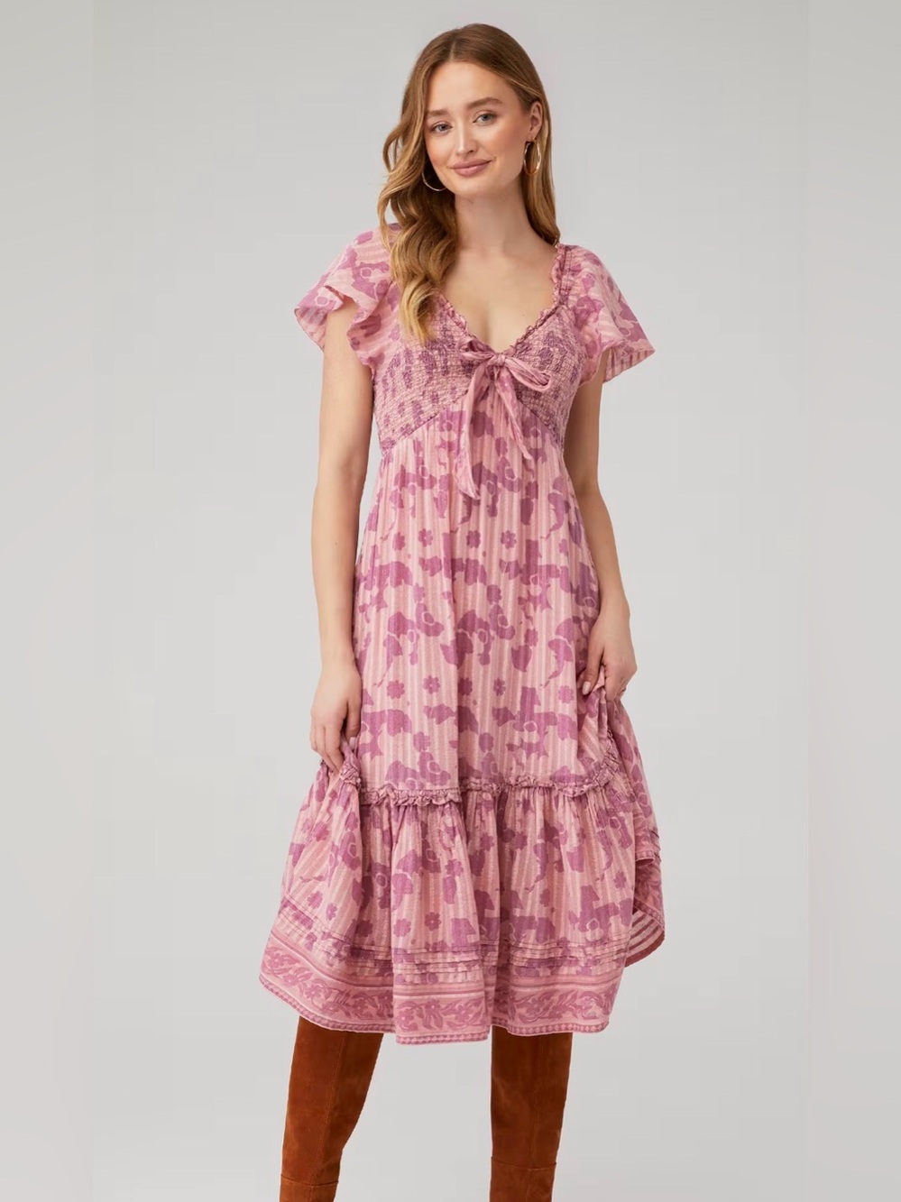 Cleobella Rose-Pink Floral Tie-Neck Midi Dress